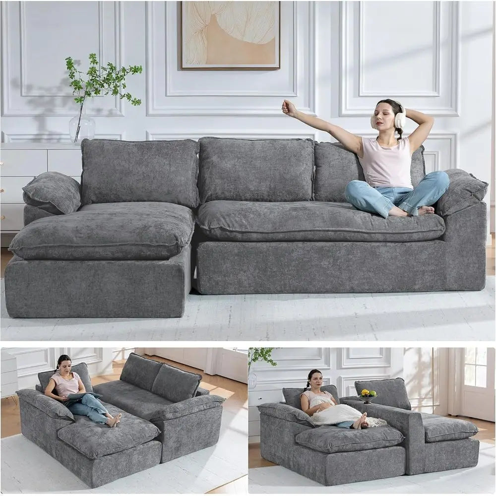 Grey Chenille L-Shaped Sectional Sofa with Deep Seating and Memory Foam, Ready to Use | Kimlud Luxury Chair