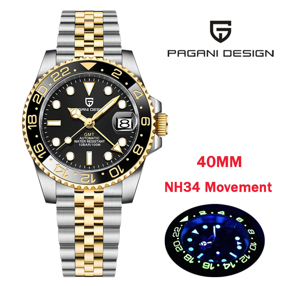 PAGANI DESIGN New NH34 Men Mechanical Watches Top Brand Sapphire Glass GMT Watch 10BAR Waterproof Stainless Steel Watch for Men - Kimlud