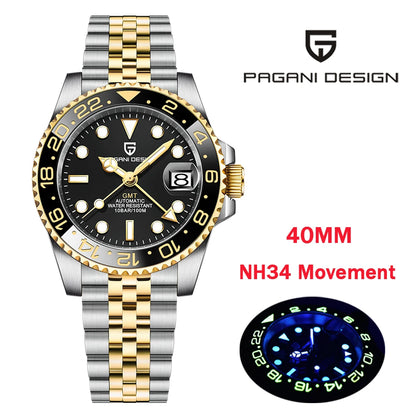 PAGANI DESIGN New NH34 Men Mechanical Watches Top Brand Sapphire Glass GMT Watch 10BAR Waterproof Stainless Steel Watch for Men - Kimlud