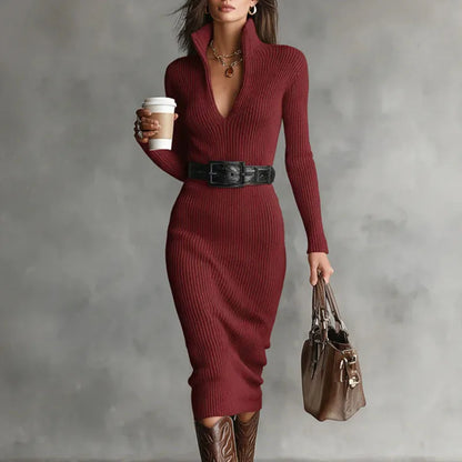 Fall Casual Solid Ribbed Knitted Dresses Woman Sexy Deep V Neck Hollow Slim Pullover Dress Winter Long Sleeve Warm Sweater Dress
