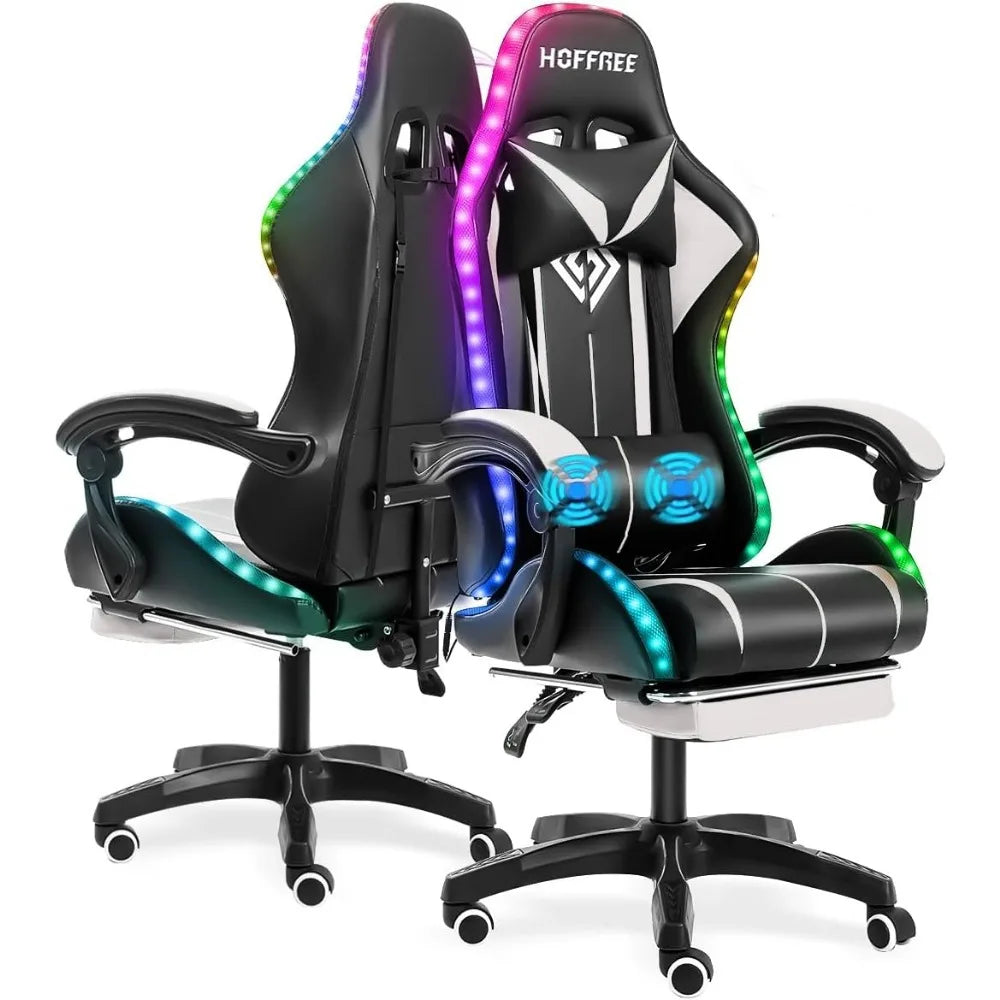 Ergonomic High Back Gaming Chair with LED RGB Lights, Massage, and Adjustable Footrest for Comfortable Video Gaming Experience