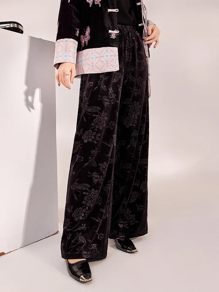 Spring and Autumn New Chinese Style New Elegant Elastic Waist  Wide Leg Pants Jacquard Casual Design Loose Long Pants Female S-L