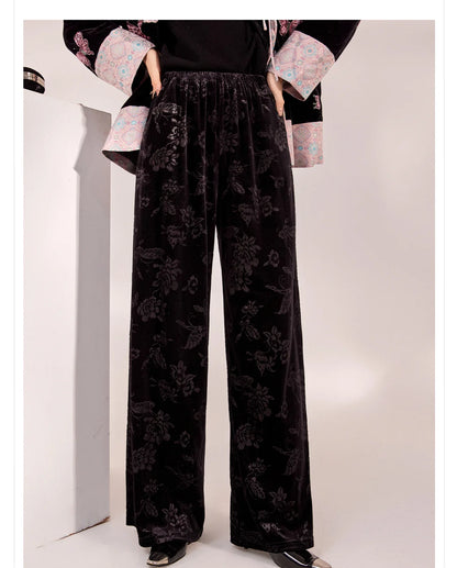 Spring and Autumn New Chinese Style New Elegant Elastic Waist  Wide Leg Pants Jacquard Casual Design Loose Long Pants Female S-L