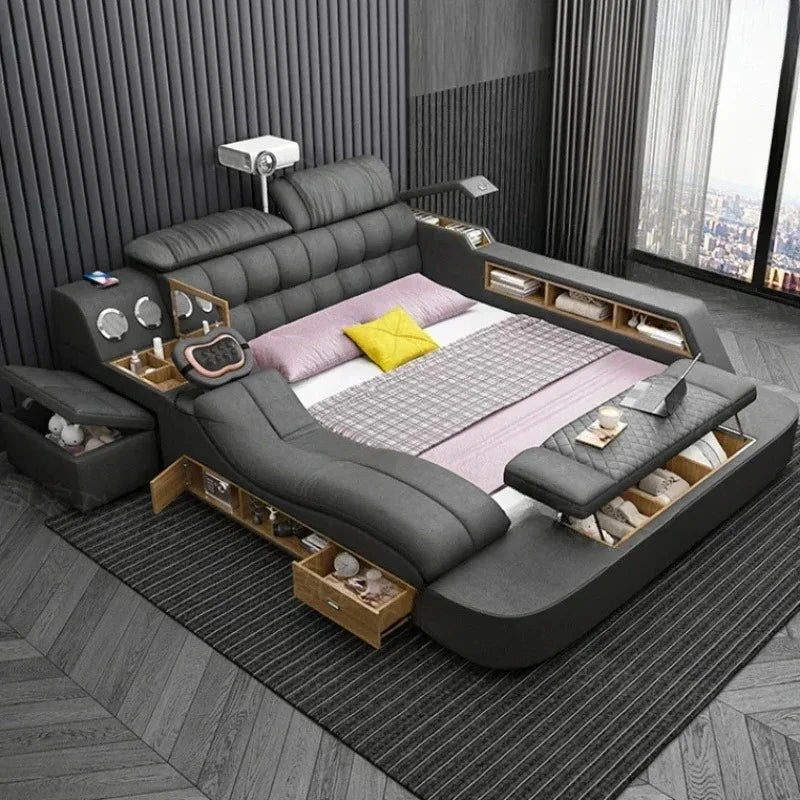 Nordic Smart Modular Double Bed Master Storage Luxury Designer Double Bed Multifunctional Leather Camas Matrimonial Furniture