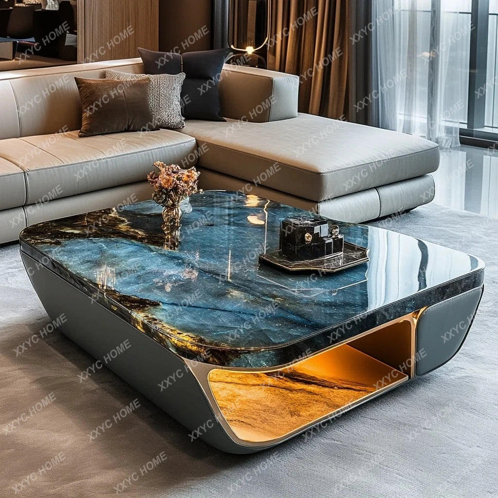 Luminous blue jadeite luxury stone coffee table elegant modern living room advanced design jade minimalist marble villa home - Kimlud