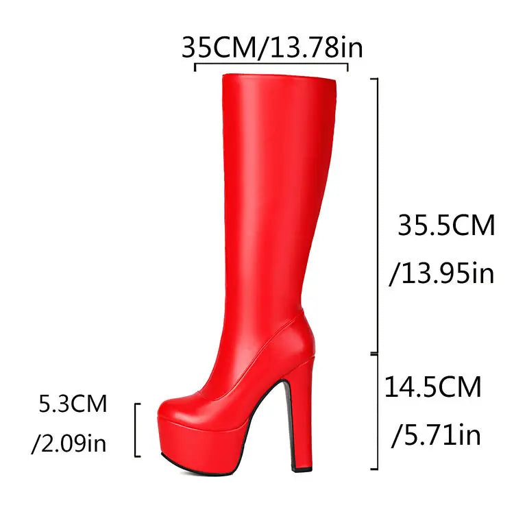 Black Red White Women Knee High Boots Platform Thick High Heel Ladies Calf Boots PU Leather Square Toe Side Zipper Dress Shoes
