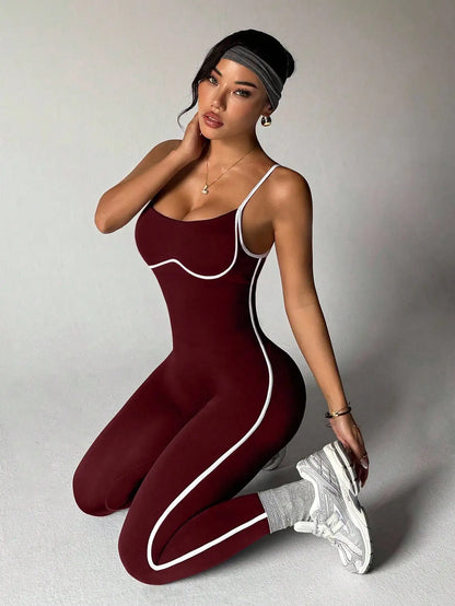 Color blocking camisole jumpsuit, shock-absorbing yoga suit, hollowed out waist, sexy jumpsuit, quick drying sports jumpsuit, ti