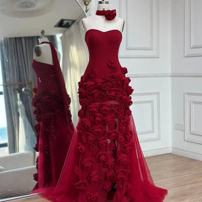 Serene Hill 2025 Pink Chiffon Strapless Sideslit Prom Dress Formal Party Wine Red Flowers Gown Rose Collar GLA72568...