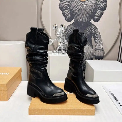 women heightened same thick-soled knight western cowboy 2026 temperament elastic stacking boots - Kimlud