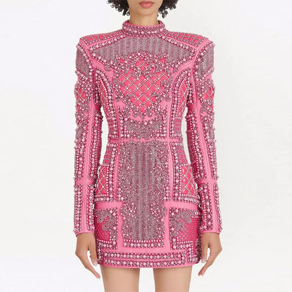 VC Autumn&Winter Diamond studs Short Dress Long Sleeves Beaded Sparkling Elastic Tight Bodycon Party Cocktail Gown