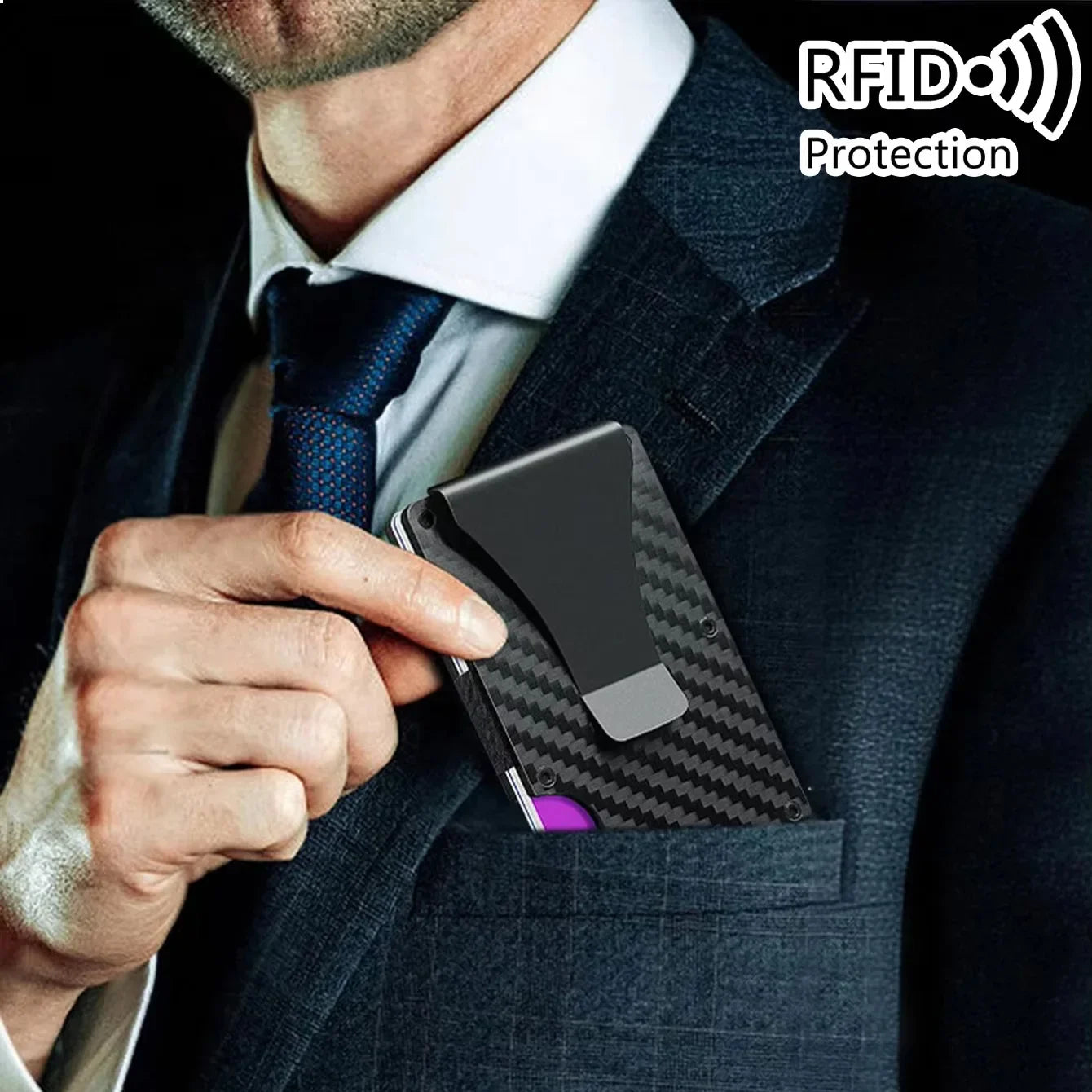 Small Minimalist Male Purse Carbon Fiber RFID Blocking Card Holder - Slim Thin Mini Wallet for Men, Metal Anti-Theft Money Bag