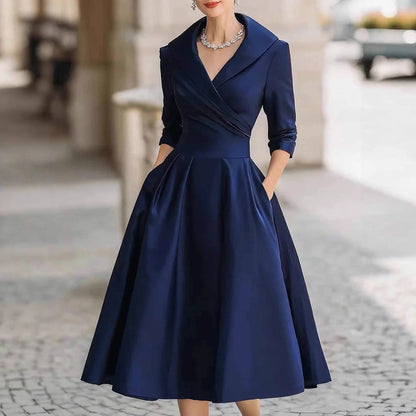 Women Elegant Wedding Guest Dress Turndown Collar Mid-Length Waisted A-Line Evening Dress Cocktail Party Satin Midi Dresses