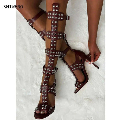 2025 Roman Gladiator sandals women knee high sandals small rivets adornment high Tong cool boots hollow out shoes summer 44