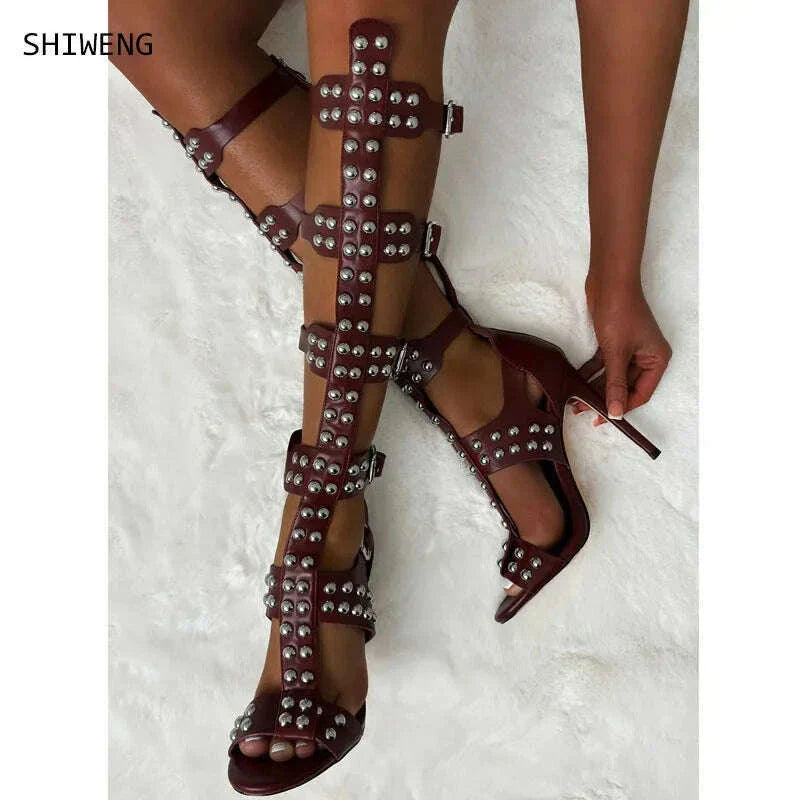 2025 Roman Gladiator sandals women knee high sandals small rivets adornment high Tong cool boots hollow out shoes summer 44