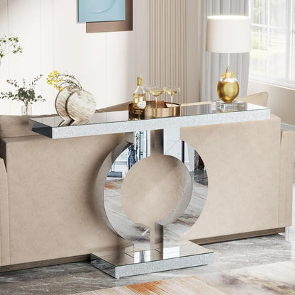Mirrored Console Table with O-Shaped Base, Entryway Table Glass Sofa Table with Mirror Finish, Rectangle Accent Foyer...