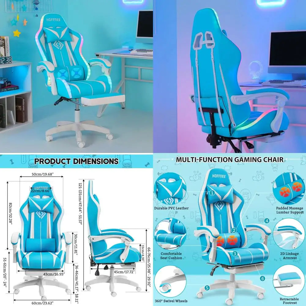 Ergonomic High-Back LED RGB Gaming Chair with Massage, Adjustable Lumbar Support and Footrest for Comfortable Video Gaming Exper