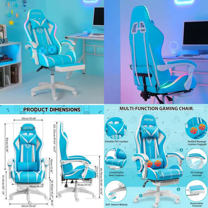 Ergonomic High-Back LED RGB Gaming Chair with Massage, Adjustable Lumbar Support and Footrest for Comfortable Video Gaming Exper