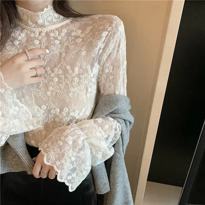 Blouse Women Lace Shirt Mesh Women's Lace-Collared Blouse Autumn and Winter Small Shirt Blusas Ropa De Mujer