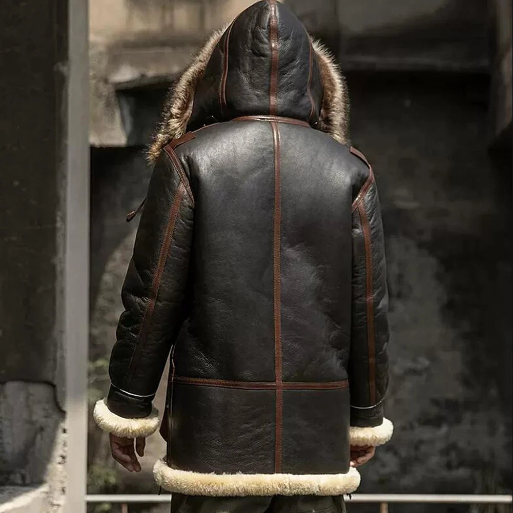 Denny&Dora Men's Shearling Jacket Hood Thick Warm Winter Sheepskin Coat Dark Brown Leather Jacket