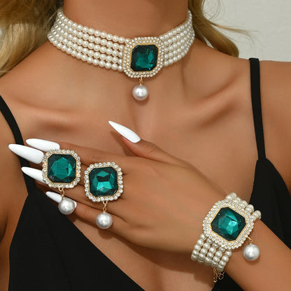 Women's Fashion Light Luxury Short Style Imitation Pearl Rhinestone Necklace Earrings Bracelet Jewelry Set Party Festival Gift