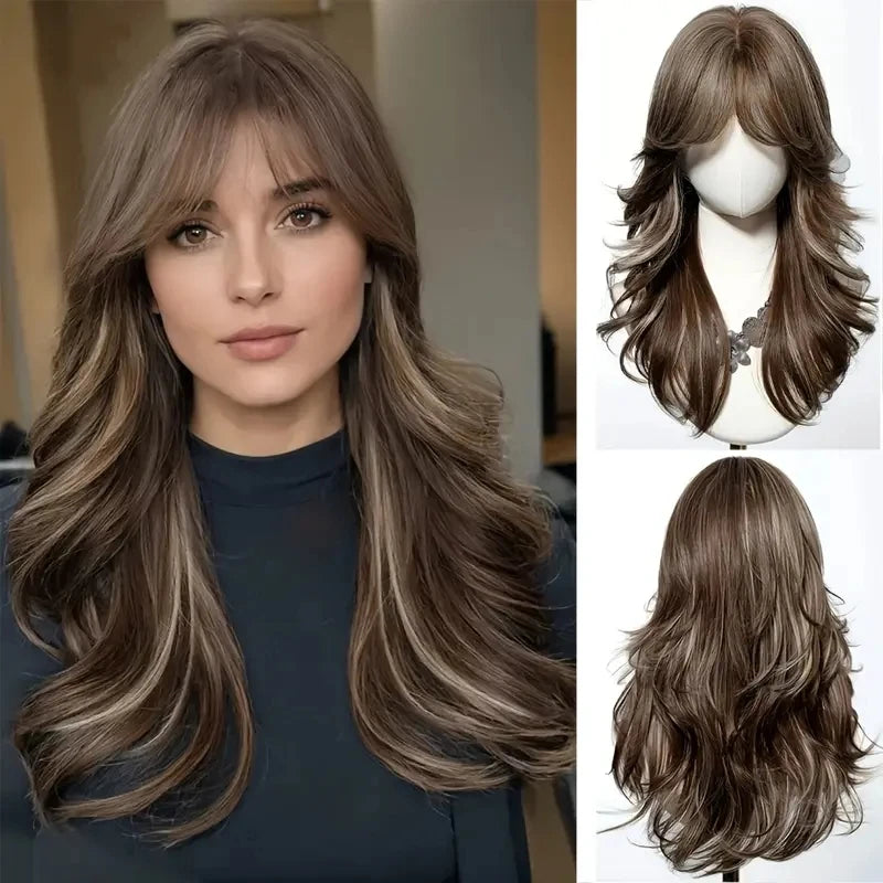 Golden Blonde Mixed Synthetic Wig Dark Root Wavy Hair With Side Bangs for Women Daily Party Cosplay wig Heat Resistant Fiber