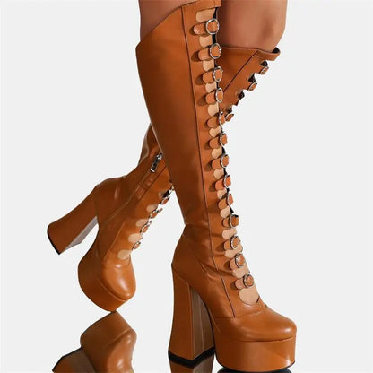 Women's Autumn Thick Bottom Hollow Knee High Boots Side Zipper Square Heel Pole Dance Female Sexy Shoes Super High Heel Platform - Kimlud