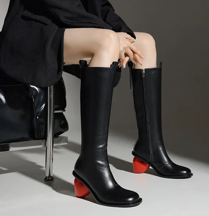New Retro Sexy Round Toe Peach Heart Heel Side Zipper Knee High Boots European American Fashion Show Color Blocked Women's Boots