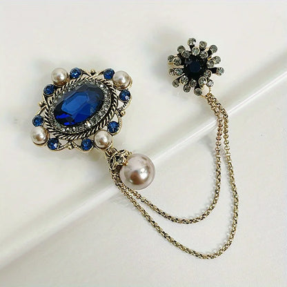 Vintage Fashion Black Crystal Sparkling Rhinestone Brooch Creative Lapel Pin Medieval Design Long Chain Brooches Autumn Winter