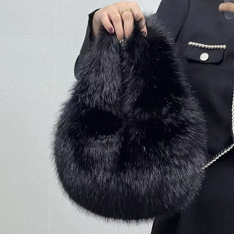 Fashion Soft Plush Half Moon Bags for Women Designer Fluffy Faux Fur Lady Handbags Luxury Small Tote Female Winter Purses