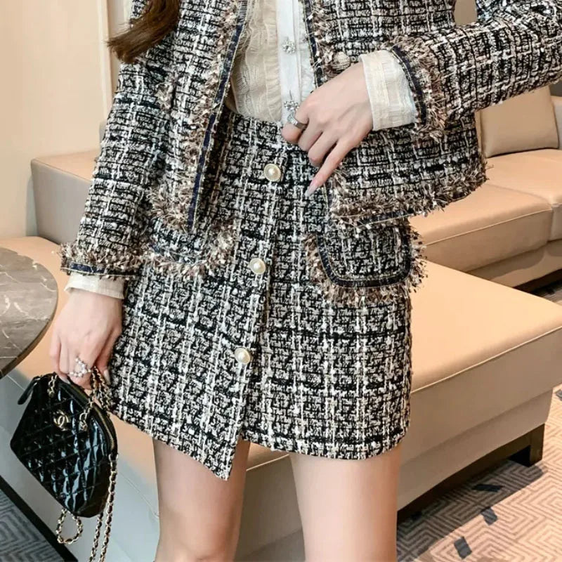 2025 Autumn Winter New Chic Two-Piece Skirt Women's Fashion Loose Burrs Elegant Sweet Tweed Jacket+Skirt Female Two-Piece Suit