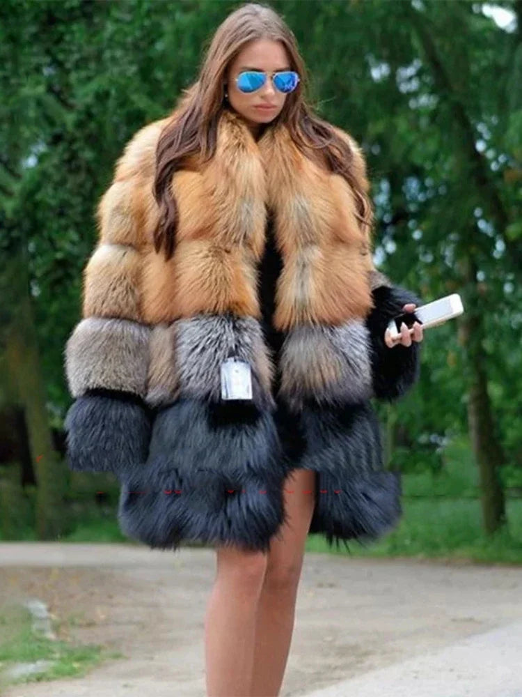 Women Long Faux Fur Coat Winter Fashion Large Size Thick Warm Fur Jacket Yellow and Black Contrast Stitching Cardigan Cloth