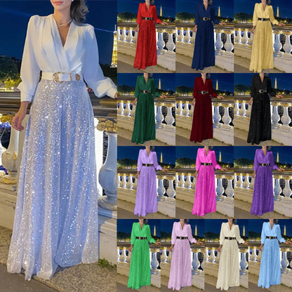 Elegant Sequins Decor Jumpsuits Women Slim Shoulder Pads Belt High Waist Jumpsuit 2025 Lady One Piece Set Chic Party Rompers