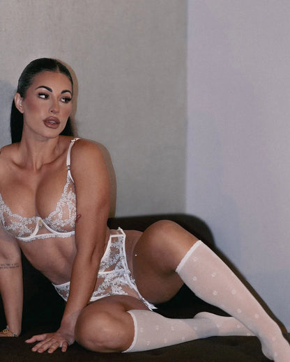 Ellolace Willowy Lingerie Sexy Women Honey Floral Embroidered Bra Belt Thong 3PC Mesh Stockings Romantic Boudoir Wedding Outfit