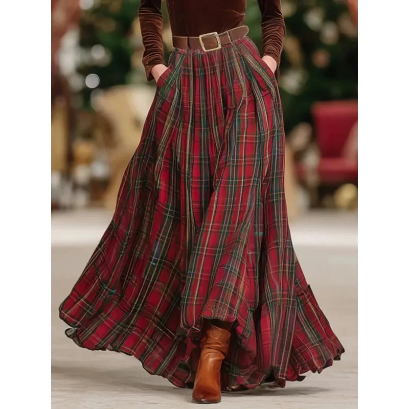 Women's Red Plaid High Waist Skirt with Belt/Lined 2026 New A-line Vintage Pockets Christmas Party Elegant Long Skirts 195448