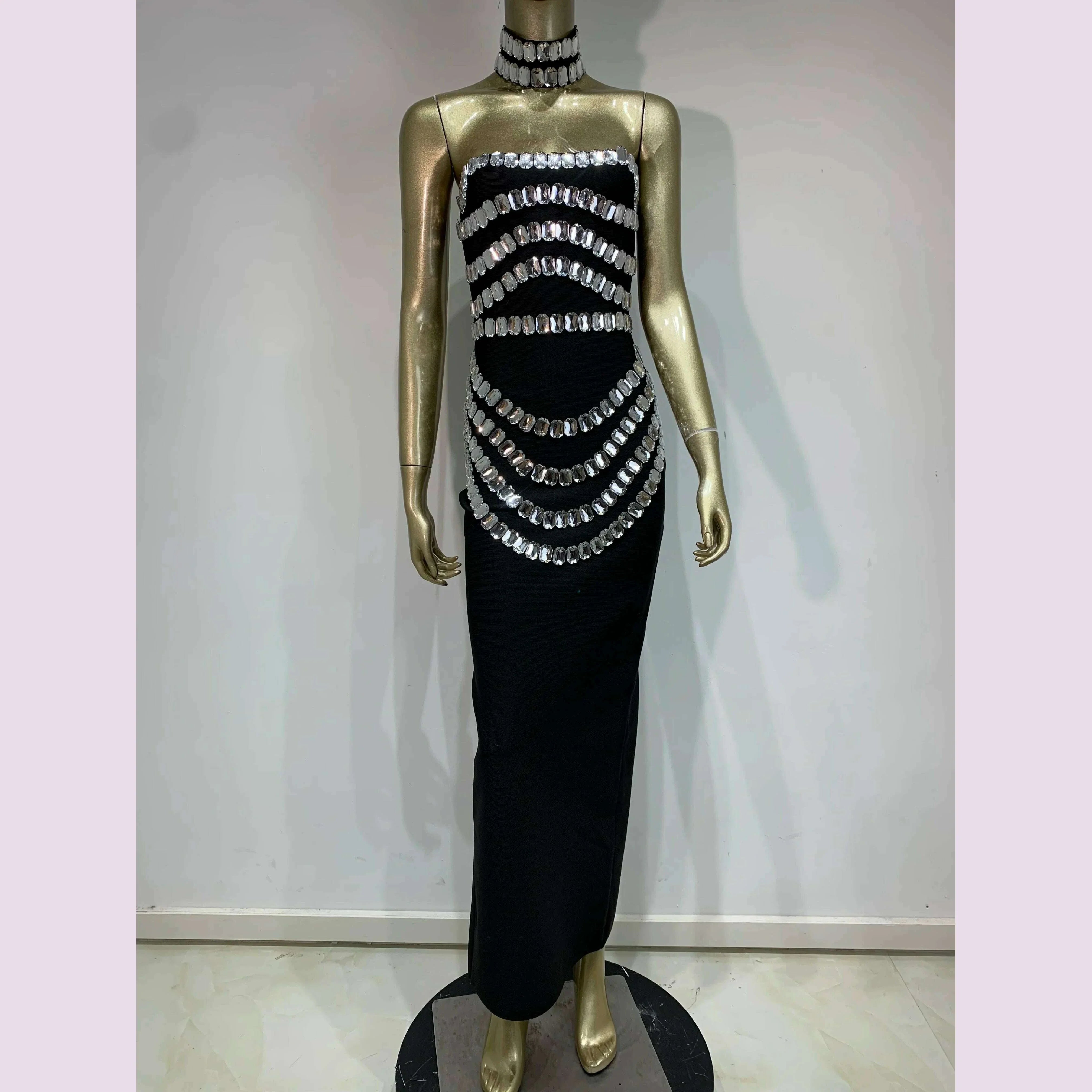 Brand New Ins 2025 Women Black Strapless Crystal Bandage Bodycon Dress Designer Collar Elegant Evening Party Dress Vestido