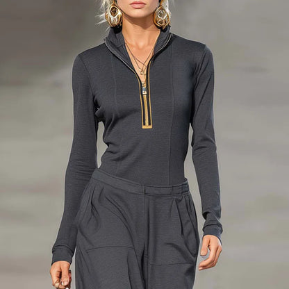 Retro Solid Zipper Hooded Top Pullover+High Waist Pants Outfit Woman Sexy Stand Collar Overalls Suit Chic Long Sleeve Autumn Set