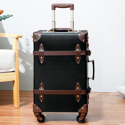 Classic Retro Suitcase 20/24/26inch PP+PC Travel Suitcase Large Capacity Handmade Leather Suitcase Travel Set with Makeup Case