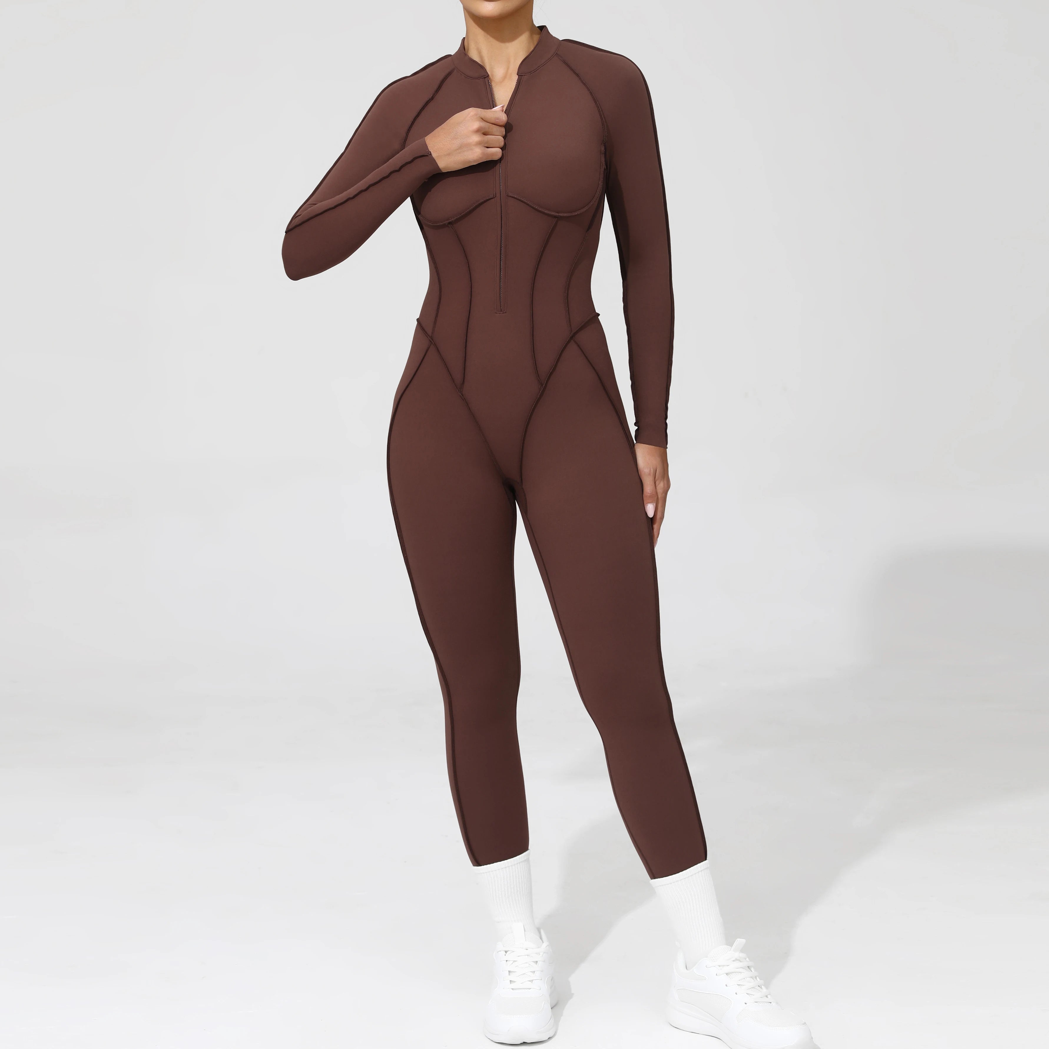 Padded Women Long Sleeve Sport Yoga Jumpsuit Workout Clothes for Women Sportwear Backless Zipper Fitness Gym Outfit