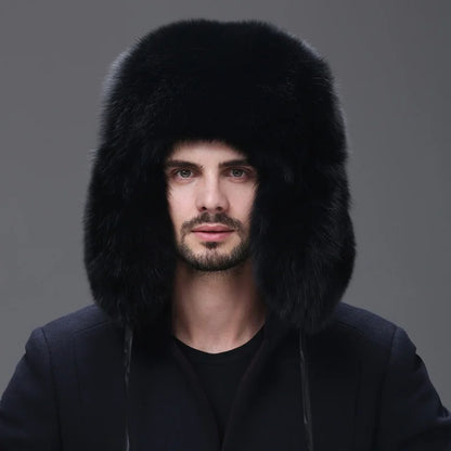 Men Real Fox Fur Beanies Hat Mongolian Hat Unique Process Fox Tail Design Luxury Winter Warm Hats For Fashion Men Bomber Hat