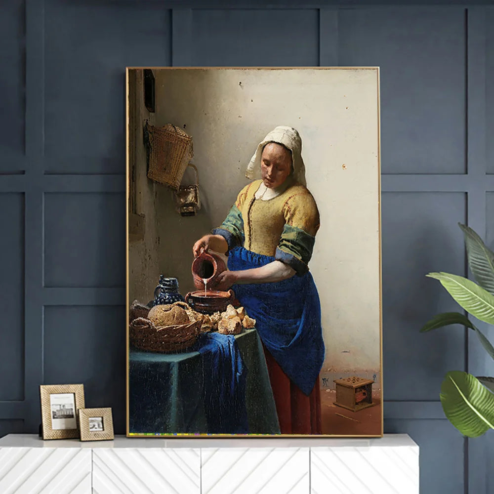 The Milkmaid By Johannes Vermeer Woman Famous Canvas Oil Painting Posters and Prints Wall Art Picture Living Room Decor Cuadros