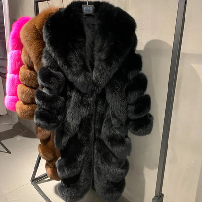 High End Customization Diagonal Stripe Fur Jacket Extra Long Floor Full Length Luxury Silver Fox Fur Coat with Big Collar