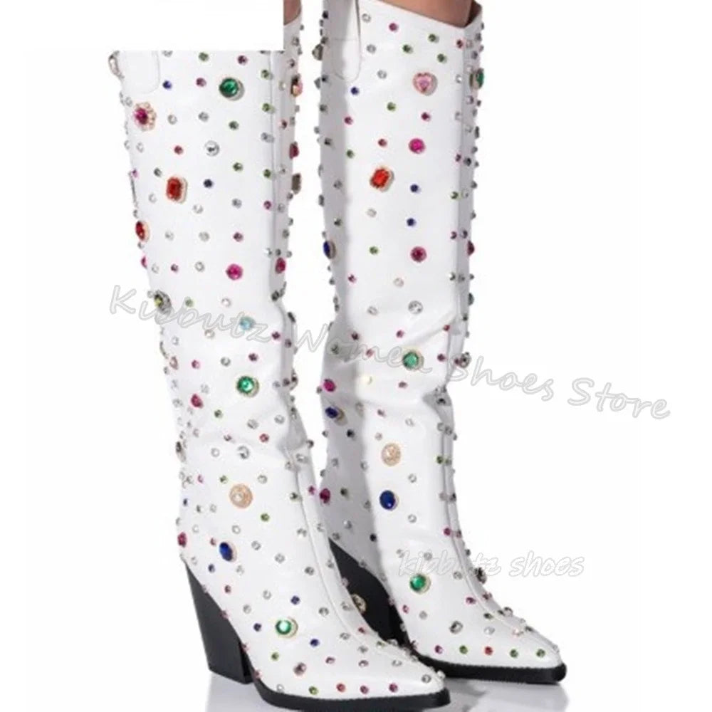 Bordered Rhinestone Knee High Boots Glossy Genuine Leather Cowboy Fashion Concise Sexy Elegant Women Shoes Pointy Chunky Heels
