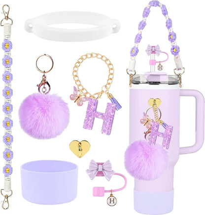 7PCS Accessories Set for Stanley Cup Purple Straw Topper Cup Boot Water Bottle Handle Strap Letter Charms 40oz 30oz Tumbler