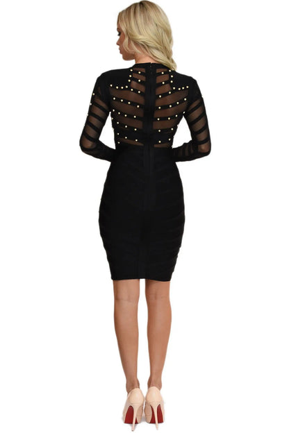 HQBORY 2023 Sexy Women Black Perspective Mesh Bandage Dress See Through Bodycon Luxury Vestidos Nail Beaded Evening Party Dress