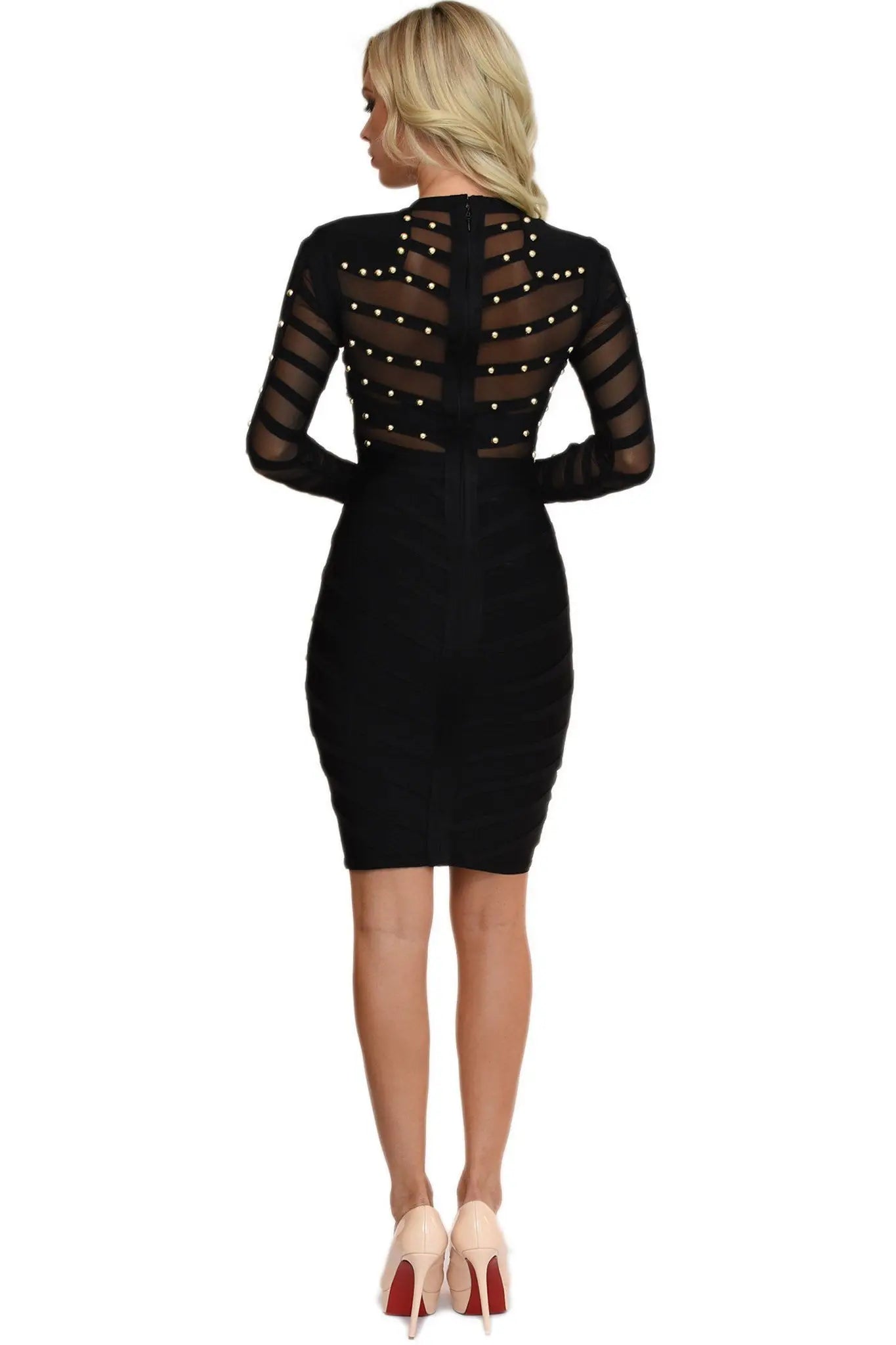 HQBORY 2023 Sexy Women Black Perspective Mesh Bandage Dress See Through Bodycon Luxury Vestidos Nail Beaded Evening Party Dress