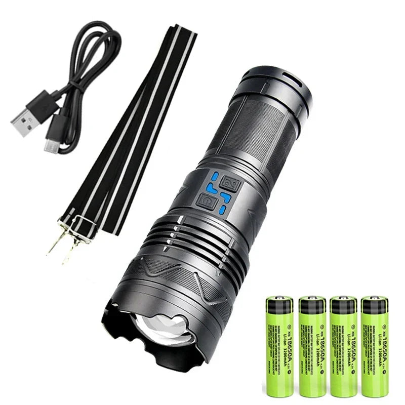 High Power White Laser Flashlight Super Bright LED Spotlight Long Range Torch Zoom Emergency Outdoor With Battery Indicator