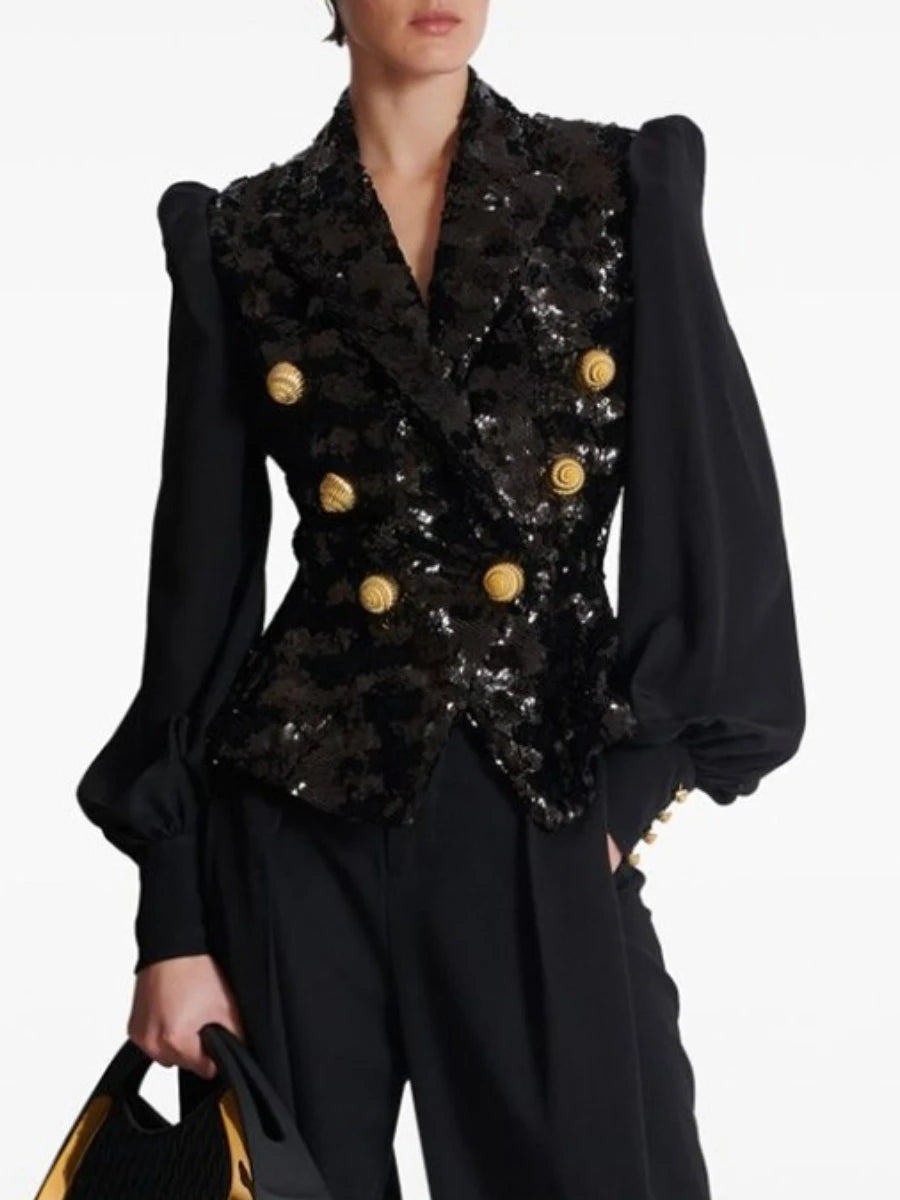 TWOTWINSTYLE Fashion Slimming Spliced Sequins Blazers for Women Lapel Long Sleeves Tunic Patchwork Metal Buttons Blazer Female