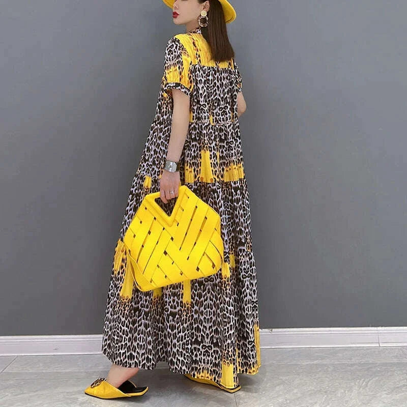 Korean Style Painted Short-Sleeve Casual Loose Big Size Yellow Red Blue Leopard Long Dress Summer Boho Print Dress Robe JJXD071