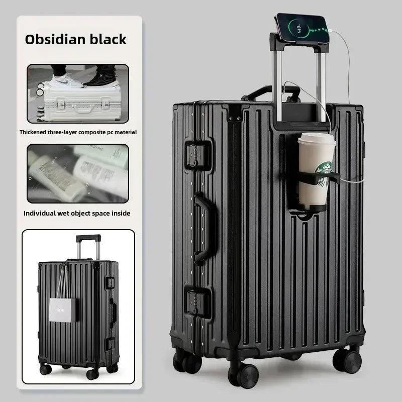 New Multifunction Suitcase with USB Charging Aluminum Frame +PC Suitcase Trip Cabin Male and Female Carrier 28/30-inch
