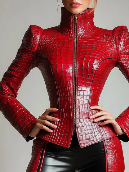 PU Leather Alligator Pattern Long Sleeve Zipper Jacket Turtleneck Slim Long Sleeve High Street Gothic Vintage Outerwear Coat